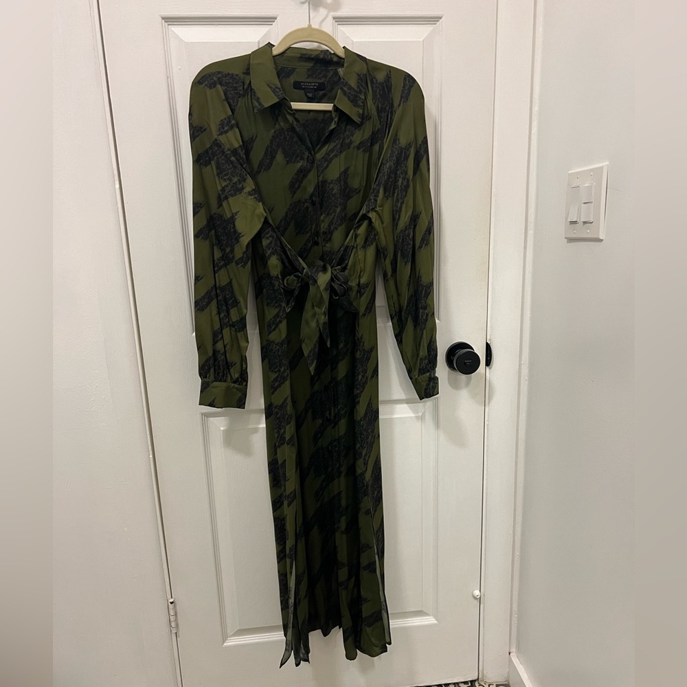 All Saints Green and Black Shirt Dress w/ Tie US 8